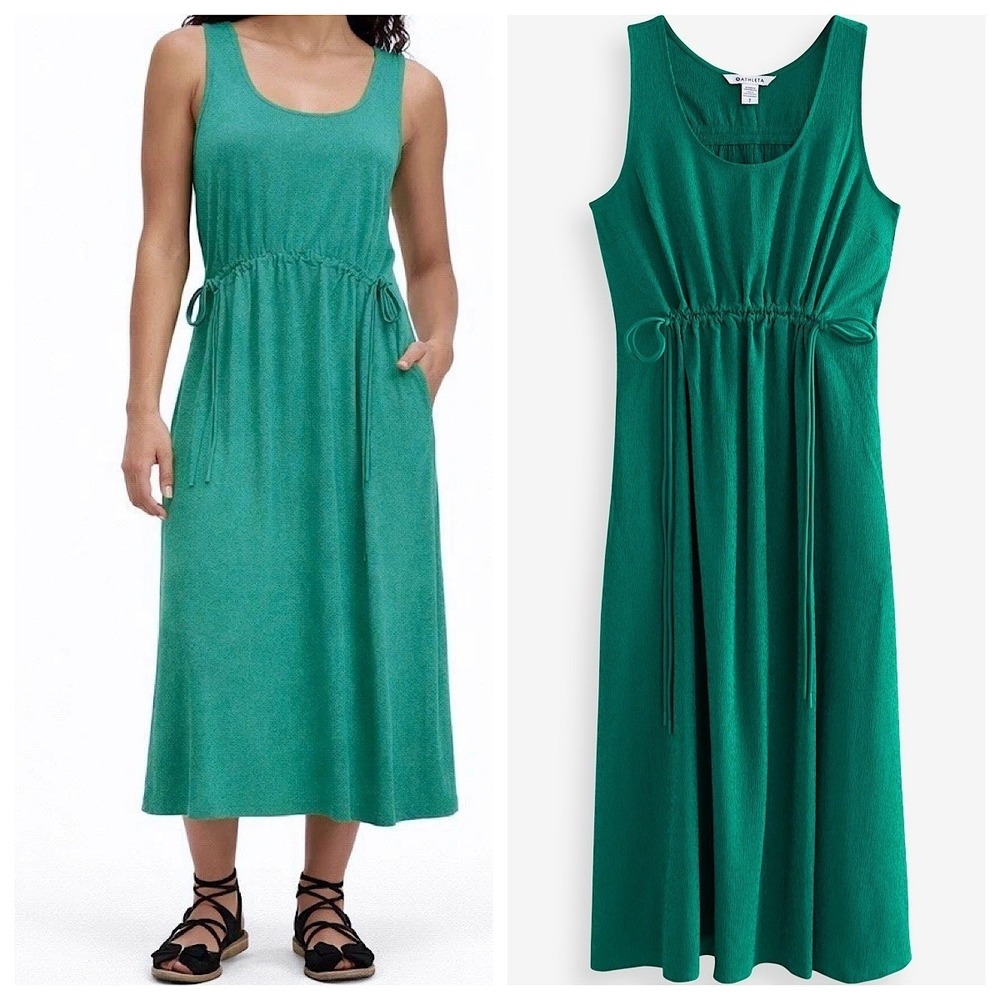 Athleta Drawstring‎ Waist Sleeveless Midi Dress Womens Sz M Green Textured